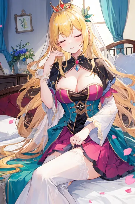 Fairy Tale Style，sleeping Beauty，A woman with big ，Long blond hair，Princess，transparent，(Super short)Princess睡裙，pubic，weak，bedroom，