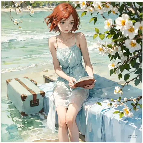 Exquisite (slim (skinny)) Girl 16 years old (with a perfect, very beautiful gentle face and almond-shaped eyes) (with a southern skin tone and soft lips) (with short red hair) (with freckles) (in a light summer green sundress) (barefoot) (on the pier on a ...