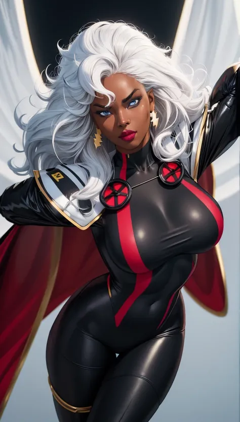 CARTOON_X_MENs_Storm,ownwaifu,
long hair,white hair,dark skin,dark-skinned female,breasts,lips,blue eyes,very dark skin,medium breasts,lipstick,floating hair,very long hair,makeup,big hair,curly hair,red lips,eyelashes,toned,
jewelry,earrings,cape,bracelet...