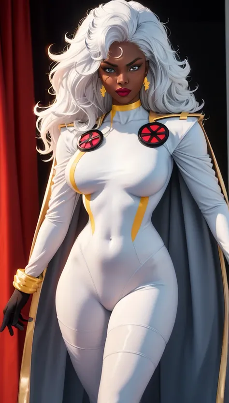 CARTOON_X_MENs_Storm,ownwaifu,
long hair,white hair,dark skin,dark-skinned female,breasts,lips,blue eyes,very dark skin,medium breasts,lipstick,floating hair,very long hair,makeup,big hair,curly hair,red lips,eyelashes,toned,
jewelry,earrings,cape,bracelet...