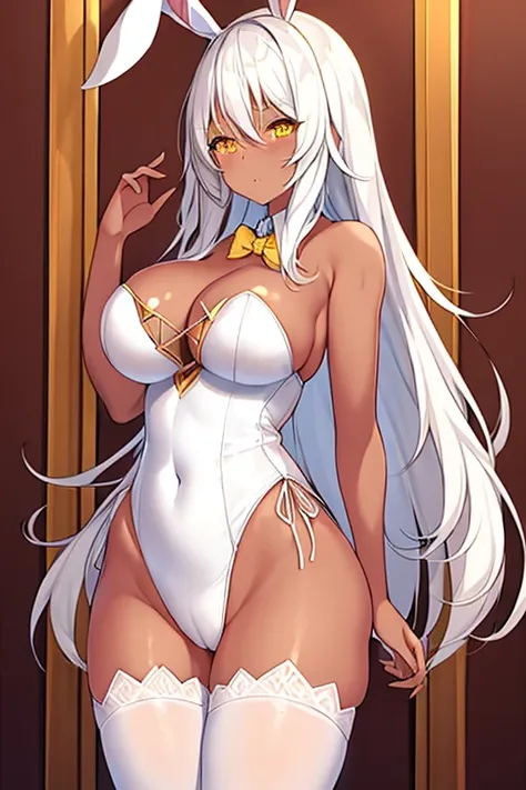 1girl, dark skin, dark-skinned female, bunny ears, rabbit ears, large breasts, white leotard, bunnysuit, leotard, white hair, long hair, golden trim, yellow eyes, gold trim, mature female, shy, timid, cleavage