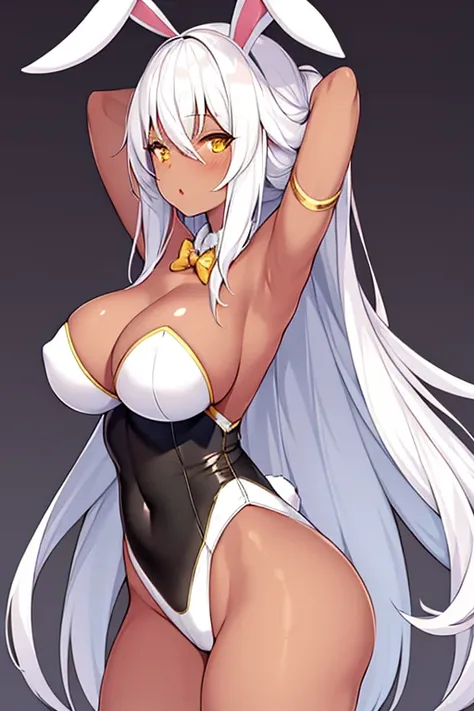 1girl, dark skin, dark-skinned female, bunny ears, rabbit ears, large breasts, white leotard, bunnysuit, leotard, white hair, long hair, golden trim, yellow eyes, gold trim, mature female, shy, timid, cleavage