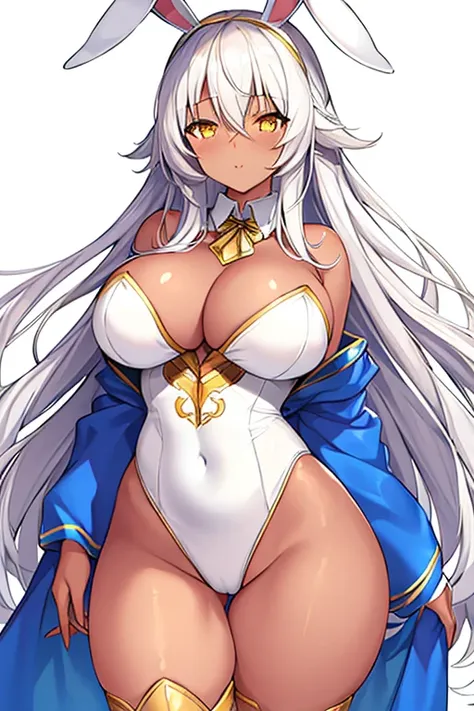 1girl, dark skin, dark-skinned female, bunny ears, rabbit ears, large breasts, white leotard, bunnysuit, leotard, white hair, long hair, golden trim, yellow eyes, gold trim, mature female, shy, timid, cleavage