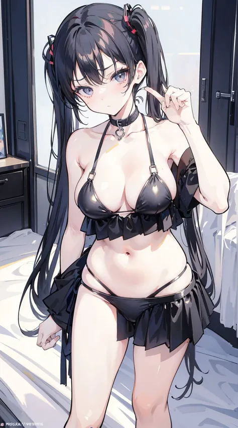 masterpiece,anime style,chibi,sexy girl,black hair,shoulder length hair with two pigtails,mini bikini,serious face,big breasts,waiting on the right side of the image,full body,standing alone,pointing at someone,lying in a bed,
