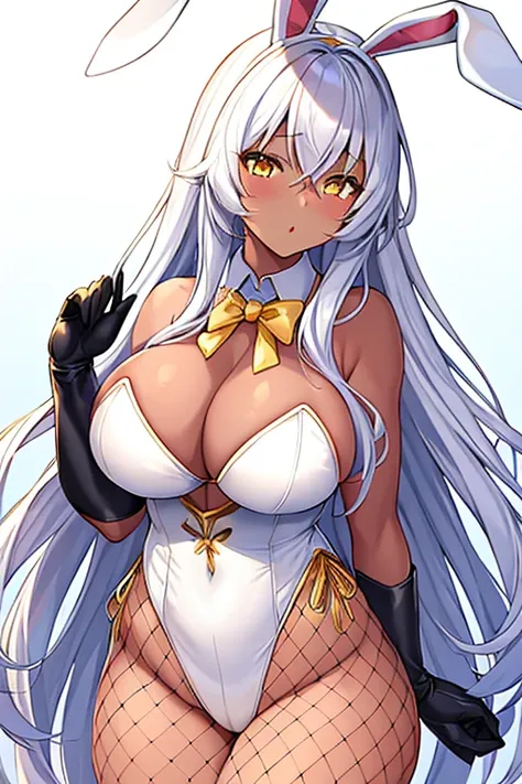 1girl, dark skin, dark-skinned female, bunny ears, rabbit ears, large breasts, white leotard, bunnysuit, leotard, white hair, long hair, golden trim, yellow eyes, gold trim, mature female, shy, timid, cleavage, elbow gloves, fishnet, fishnet pantyhose