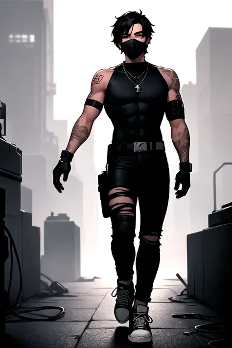 Black snake, ((mejor calidad)), ((Obra maestra)), (detallado), cara perfecta ((male,)) ((men,)) ((black hair,))
((tattooed arm,)) ((ripped jeans,)) ((all stars shoes,)) ((cyberpunk,))  ((black warrior suit,))
((face mask,)) ((black pants,)) ((necklace,)) (...