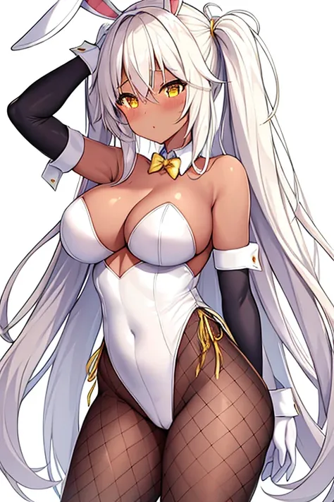 1girl, dark skin, dark-skinned female, bunny ears, rabbit ears, large breasts, white leotard, bunnysuit, leotard, white hair, long hair, golden trim, yellow eyes, gold trim, mature female, shy, timid, blushing, blush, cleavage, elbow gloves, fishnet, fishn...