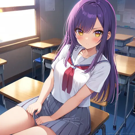 one girl, long midnight purple hair, golden light eyes, sit in classroom, white school modern uniform, anime