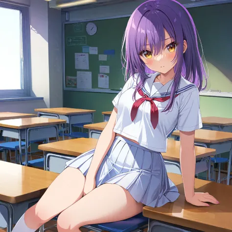 one girl, long midnight purple hair, golden light eyes, sit in classroom, white school modern uniform, anime