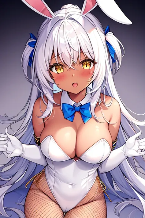 1girl, dark skin, dark-skinned female, bunny ears, rabbit ears, large breasts, white leotard, bunnysuit, leotard, white hair, long hair, golden trim, yellow eyes, gold trim, mature female, shy, timid, blushing, blush, cleavage, elbow gloves, fishnet, fishn...