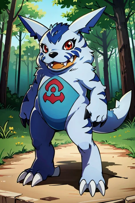 masterpiece, best quality, SFW, (safe for work),Agumon, solo, claws, creature, full body, red eyes, sharp teeth, solo, standing, digimon (creature), looking at viewer, forest background