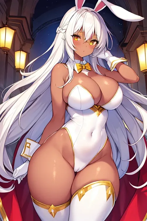 1girl, dark skin, dark-skinned female, bunny ears, rabbit ears, huge breasts, thick thighs, hourglass figure, mature female, white leotard, bunnysuit, leotard, white hair, long hair, golden trim, yellow eyes, gold trim, mature female, shy, timid, cleavage