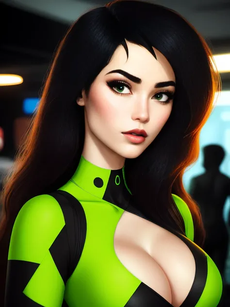 A stunning intricate full color portrait of Shego, pale skin, black hair, green eyes, wearing a black and green body suit, deep cleavage,, seductive, portrait, by ilya kuvshinov, alessio albi, nina masic, sharp focus, natural lighting, subsurface scatterin...