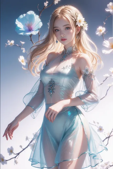 (((girl))，Long skirt，Iridescent colors，(Flower Fairy)，(Rich colors)，spring，Arthur effect, Transparent body, Gradient translucent glass melt, Caustics, Clear glass texture, Iridescent colors, design：Dietrams, Simple, Shining in every detail, White backgroun...