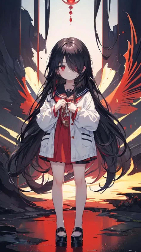 (masterpiece), (utral-detailed, full-body shot, Anime girl standing with long black hair and red eyes, little kid girl, cute anime girl, anime girl, beautiful anime kid, anime moe art style, , black hair, really long hair, (((hair over right eye))), ((hair...