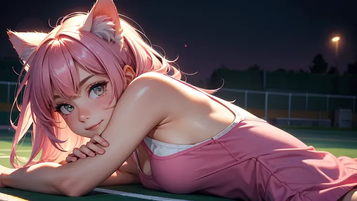 (high resolution, upper body, soft skin:1.2),(best illustration,masterpiece:1.2),ultra-detailed,[(cat ears ,pink inside:1.2),vivid colors,sharp focus,portrait,studio lighting,bokeh, wearing a tennis uniform, tennis courts background, dusk, full body portra...