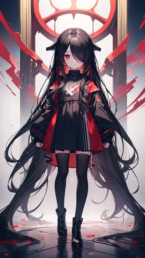 (masterpiece), (utral-detailed, full-body shot, portrait, Anime girl standing with long black hair and red eyes, little kid girl, cute anime girl, anime girl, beautiful anime kid, anime moe art style, , black hair, really long hair, (((hair over right eye)...