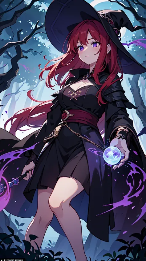 A red-haired sorceress with mesmerizing eyes and enchanting lips stands in a magical night garden, her fingertips reaching out for a crow. The scene is bathed in a mysterious glow, with soft moonlight casting shadows on the lush foliage surrounding her. Th...