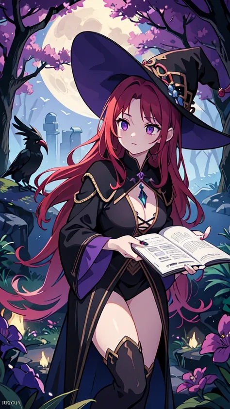 A red-haired sorceress with mesmerizing eyes and enchanting lips stands in a magical night garden, her fingertips reaching out for a crow. The scene is bathed in a mysterious glow, with soft moonlight casting shadows on the lush foliage surrounding her. Th...