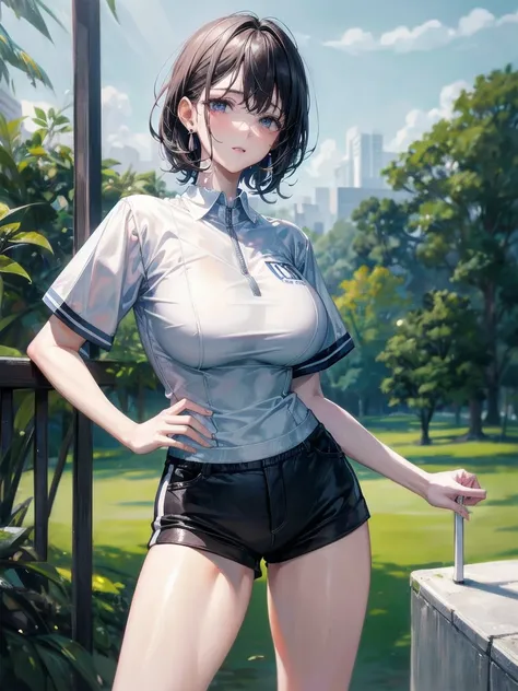 golf uniform, shorts, absurdres, RAW photo, extremely delicate and beautiful, masterpiece, Best Quality, ultra high resolution, 32k, hyperrealistic, ultra-detailed, detailed description, pale skin, 20 years old, tearful mole, earring, big tits, short mediu...