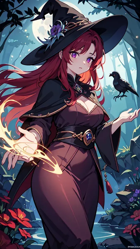 A red-haired sorceress with mesmerizing eyes and enchanting lips stands in a magical night garden, her fingertips reaching out for a crow. The scene is bathed in a mysterious glow, with soft moonlight casting shadows on the lush foliage surrounding her. Th...