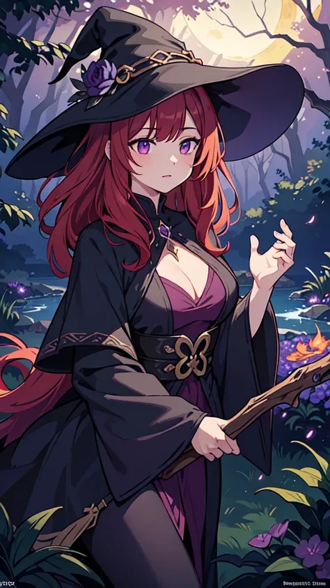 A red-haired sorceress with mesmerizing eyes and enchanting lips stands in a magical night garden, her fingertips reaching out for a crow. The scene is bathed in a mysterious glow, with soft moonlight casting shadows on the lush foliage surrounding her. Th...