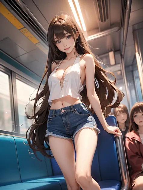 ((Extreme exposure))(High-definition image quality)極Realistic skin texture、High definition face(brown、Very long straight hair、Hair behind the ear、Beautiful moist brown hair、Smooth Hair)((Bright smile、Embarrassed expression))、Gaze(sexyな25歳の女の子、Idol Makeup、E...