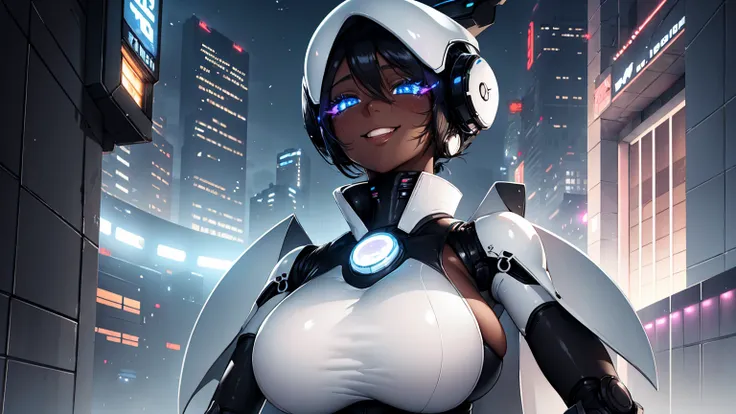 haydee robot, sexy, big breasts breast enlargement black skin, sci-fi city, black high heels, blushing, white hair, bikini big e...