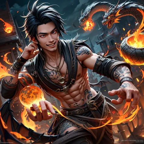 a witchy asian spirit, malaysian man, age 25, ankle length hair, extensive tattoos ( dragon motif), evil body jewelry, unclad (v...