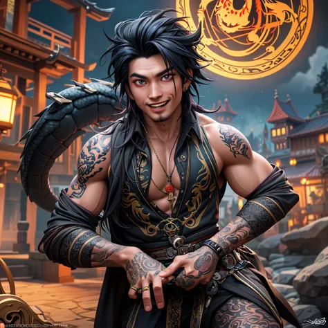 A witchy Asian spirit, Malaysian man, age 25, ankle length hair, extensive tattoos ( dragon motif), evil body jewelry, European gypsy outfit (very sexy and revealing but still enough is covered to be SFW) , glowing eyes, and a unholy aura, he is laughing c...