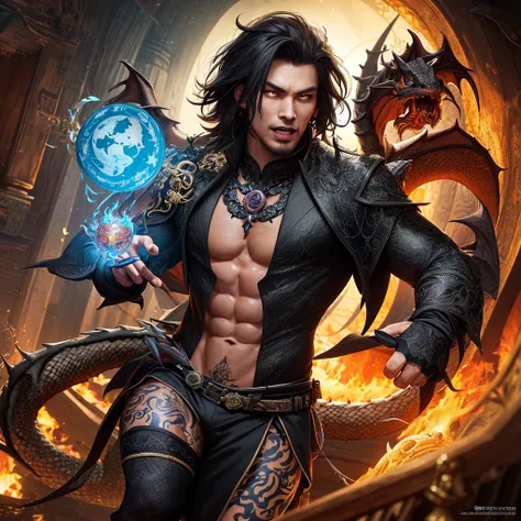 a witchy asian spirit, malaysian man, age 25, ankle length hair, extensive tattoos ( dragon motif), evil body jewelry, european ...