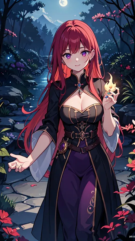 A red-haired sorceress with mesmerizing eyes and enchanting lips stands in a magical night garden, her fingertips reaching out for a crow. The scene is bathed in a mysterious glow, with soft moonlight casting shadows on the lush foliage surrounding her. Th...