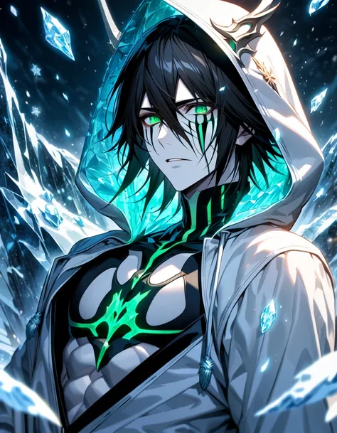 Ultra detailed, Highres, absurdres, HDR, Ulquiorra Cifer, black hair, expressive green eyes, pale skin, white coat with patterns with a hoddie, Bleach, white flowers, winter, ice, snowflakes, petals, handsome, sexy man, solo, very detailed eyes and face, i...