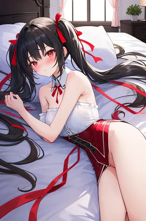 A woman with big ，Black long hair，twintails，Exquisite，(((transparent)))，Red ribbon，sleeveless，Loose collar，Protruding lower chest，Slim waist，pubic，blush，bedroom，Lying down，