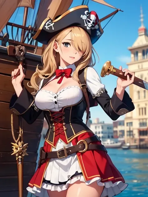 ((masterpiece, best quality, high resolution, UHD, pixel perfect, depth of field, 32k)), 1 girl, girl style anime, cowboy shot, BREAK, girl wearing Womens Steampunk Pirate Costume Burlesque Ruffle Long Skirt Gothic Renaissance Skirt, with a sword in the ha...