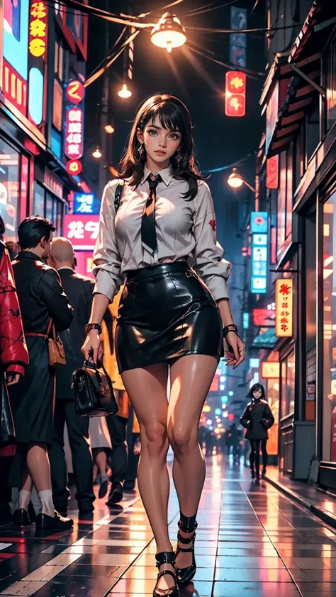 Sexy Caucasian woman standing on a city street wearing a leather skirt and black erotic underwear, Ilya Kuvshinov with long hair, Guviz style artwork, Anime Art Wallpapers 8K, Art Station「Pysif」Mr. Gwitz, ピシヴArt Stationのグウィズ, Cyberpunk anime art