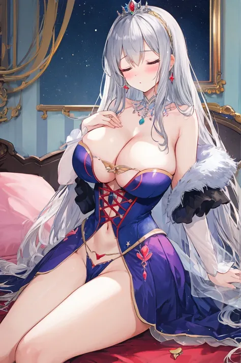 Fairy Tale Style，sleeping Beauty，A woman with big ，Beautiful princess，Silver long hair，Exquisite，(Super short)，Cleavage，Slim waist，pubic，blush，bedroom，