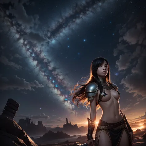 Beautiful half-length image, Small Breasts, Short flowing black hair, Dressed in elaborate barbarian attire, Dystopian Planet, Starry Sky, Milky Way, Dynamic lighting, Action poses, 8K, High resolution