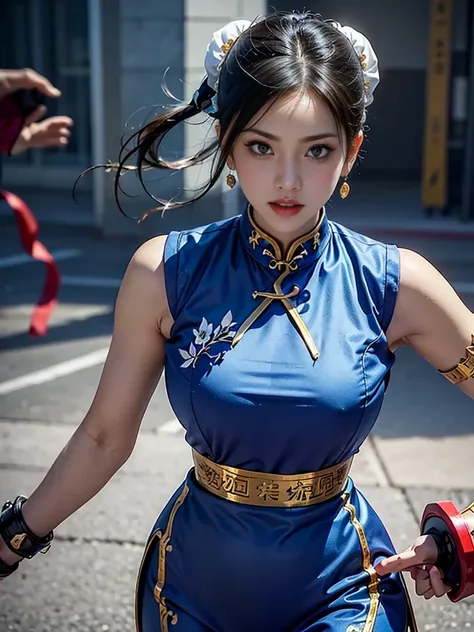 Create a hyper-realistic Chun-Li 性感 masterpiece, Muscle and sexiness, Part 6《Street Fighter》Iconic characters in gaming. Capture your dynamic fighting stances and powerful kicks in exquisite detail. (Sexy clothing, Erotic clothing, tagged, plump, plump, Ch...