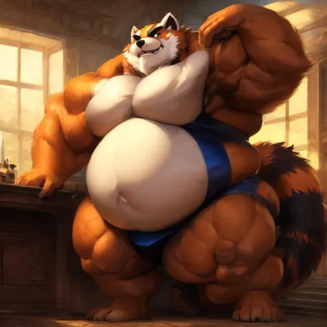 ((Masterpiece)),((Hight quality)),((Hught Detailed)),((Realistic,)) Anime Artistic masterpiece art, Concept anime art, Kemono art, Furry character, Kemono art, Shonen Anime style, full body image, Hero academia, big obese redpanda, small clothing, He is a ...