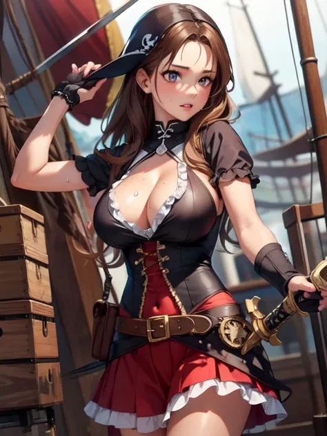 ((masterpiece, best quality, high resolution, UHD, pixel perfect, depth of field, 32k)), 1 girl, brown hair, brwon eyes, big breast, girl style anime, cowboy shot, BREAK, girl wearing Womens Steampunk Pirate Costume Burlesque Ruffle Long Skirt Gothic Renai...