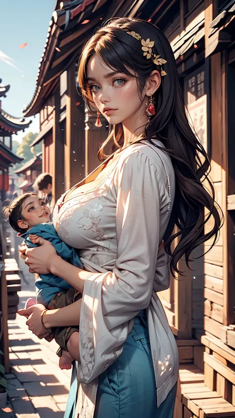 {{masterpiece, highest quality, Highly detailed CG, unity 8k wallpaper, Cinema Lighting}}, Traditional Chinese Ink Painting, One girl, 1 Baby, Young woman holding baby, whole body, ancient architecture, blue sky, sunny day, wooden building, Famous protagon...