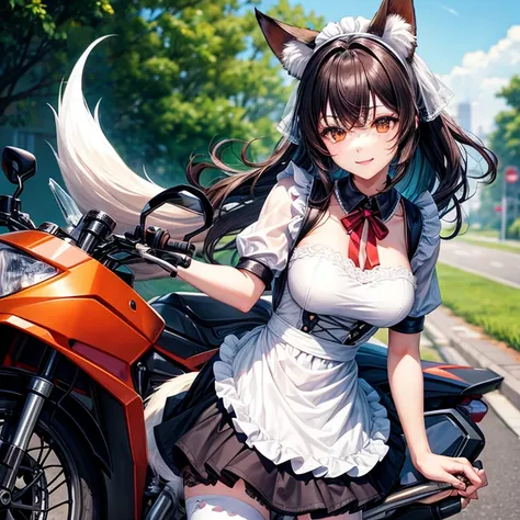 Wearing maid outfit、Woman with fox ears and tail riding a motorcycle