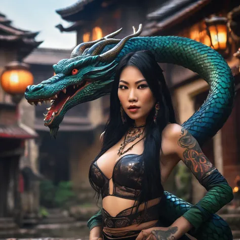 A witchy Asian spirit, Malaysian woman, age 25, ankle length hair, extensive tattoos ( dragon motif), evil body jewelry, unclad (very sexy and revealing but still enough is covered to be SFW) , glowing eyes, and a unholy aura, she is laughing cruelly, she ...