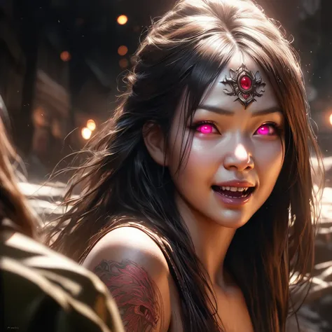 A witchy Asian spirit, Malaysian woman, age 25, ankle length hair, extensive tattoos ( dragon motif), evil body jewelry, unclad (very sexy and revealing but still enough is covered to be SFW) , glowing eyes, and a unholy aura, she is laughing cruelly, she ...