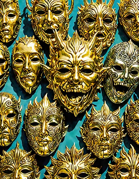 Oddments, array of strange objects, surreal composition, vibrant palette, (hyperrealistic facial features:1.3) golden masks, monster designs, sun face, mirror, 