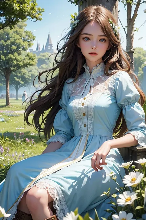 Young girl, long brown hair, light blue eyes, white Victorian dress, field of flowers, ruined building, nature reclaiming its rights, vegetation, sun hidden by trees, tree, river, gentle smile, brown boots, destroyed building, medieval, ultra-detailed face...