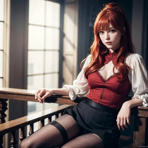 Dream atmosphere, ultra-detailed, young red-haired girl (medium red hair), very sensual, light eyes, bright pale skin, realistic shadows, in tight gothic clothes, big ass, thick legs, Wearing extremely tight black mini-skirt, pantyhose, wearing a mini blou...