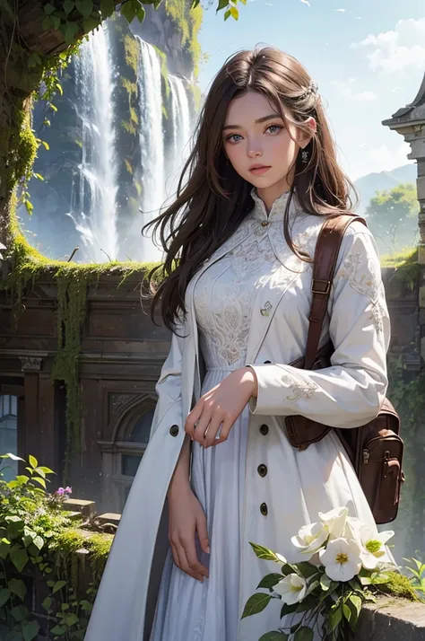 (superior quality) Young woman, beautiful face, brown hair, fair skin, blue eyes, long tousled hair, worn medieval garment, white dress, long worn coat, ruin, destroyed building, nature reclaiming its rights, greenery, foliage, waterfall, day, sun, ultra-d...