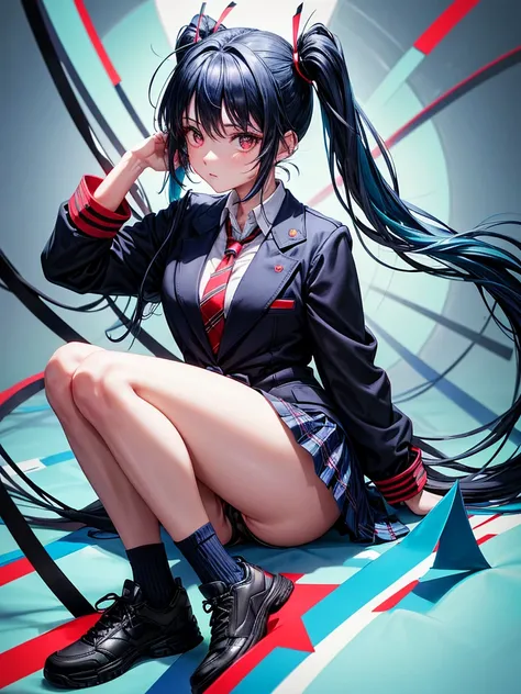 navy blue hair tied in long twintails reaching to her legs, wears bright cyan ribbons and a speaker earpiece, has a red crosshair floating on top of her head with arrows on the outer ring wearing buttoned navy blue blazer, a white shirt and cyan tie undern...